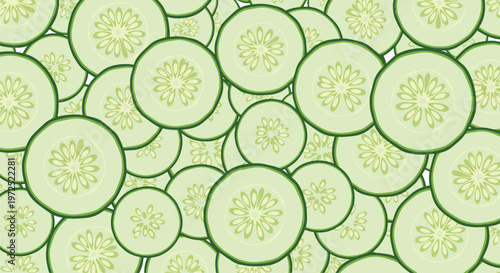 A dense and vibrant wallpaper of overlapping fresh cucumber slices creates a lush green texture showcasing detailed internal seed patterns and rinds.