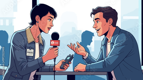 Journalist interviews man with microphone and recorder