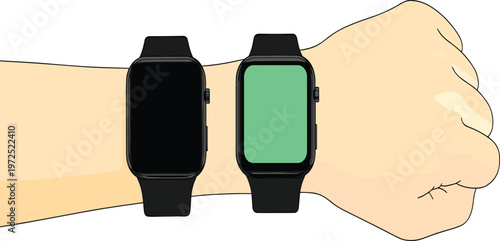 Smartwatch Mockup Vector Featuring Two Digital Watches on Human Wrist with Blank Black and Green Screens for App Interface Presentation and Technology Design