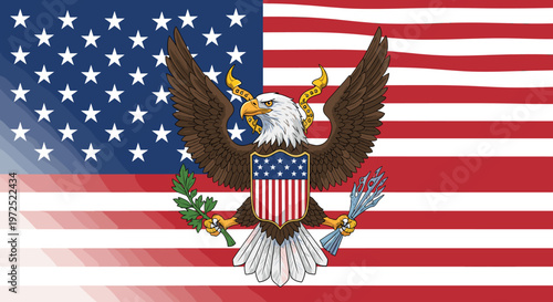 Φωτογραφία Great Seal of the United States with a bald eagle and shield superimposed on the American flag, symbolizing national identity and freedom