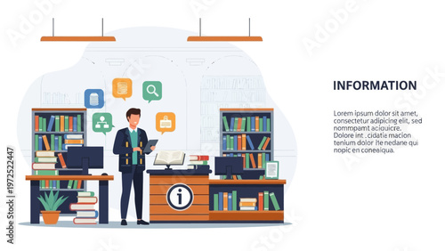 Librarian assisting at an information desk with books and computer