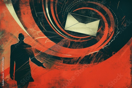 Abstract silhouette with floating envelope in spiral background