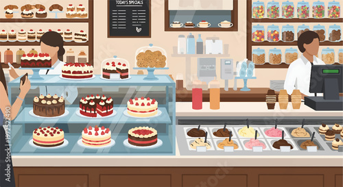 Pastry shop interior with staff serving cakes and ice cream from display cases to customers with scene captures the inviting atmosphere of a dessert shop