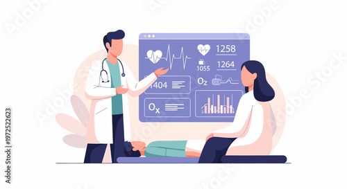 Doctor Explaining Patient Health Data on Screen.
