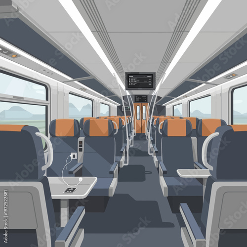 Modern train interior with rows of seats and windows