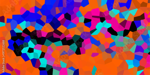 Geometric abstract background with a vibrant mosaic of sharp polygons in bright orange blue pink and cyan colors for a bold and modern graphic statement