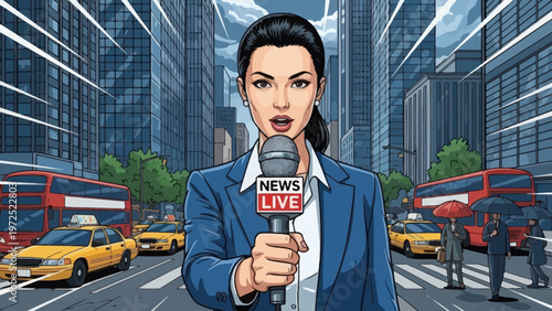 News Reporter Broadcasting Live in an Urban City Street