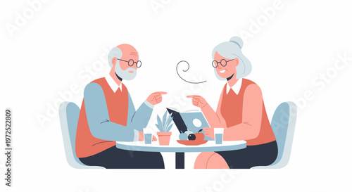 Elderly couple discussing something at a table.