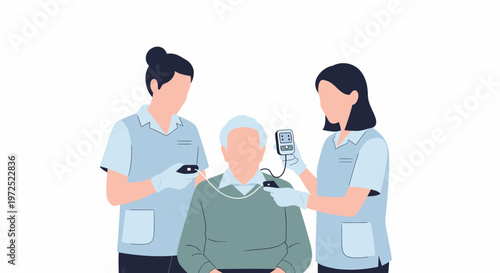Elderly man receiving medical care from two nurses.