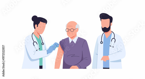 Elderly Man Receiving Vaccine from Doctor with Medical Team.