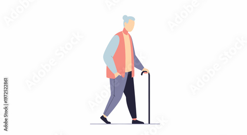 Elderly Man Walking with Cane.