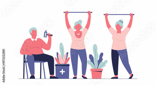 Elderly people doing exercises and physical therapy.