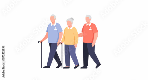 Elderly people walking together with canes.