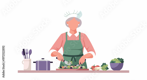Elderly Woman Chef Cooking Healthy Meal.
