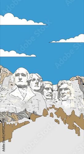 A stylized illustration of Mount Rushmore National Memorial under a bright blue sky with scattered clouds.