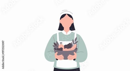 Female Maid Holding Clean Laundry Basket.