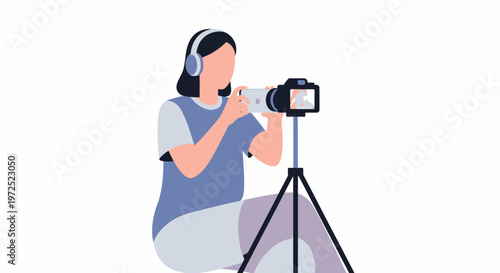Female photographer with headphones using camera on tripod.