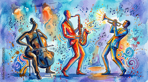 Abstract Watercolor Jazz Band Illustration with Colorful Musical Vibes