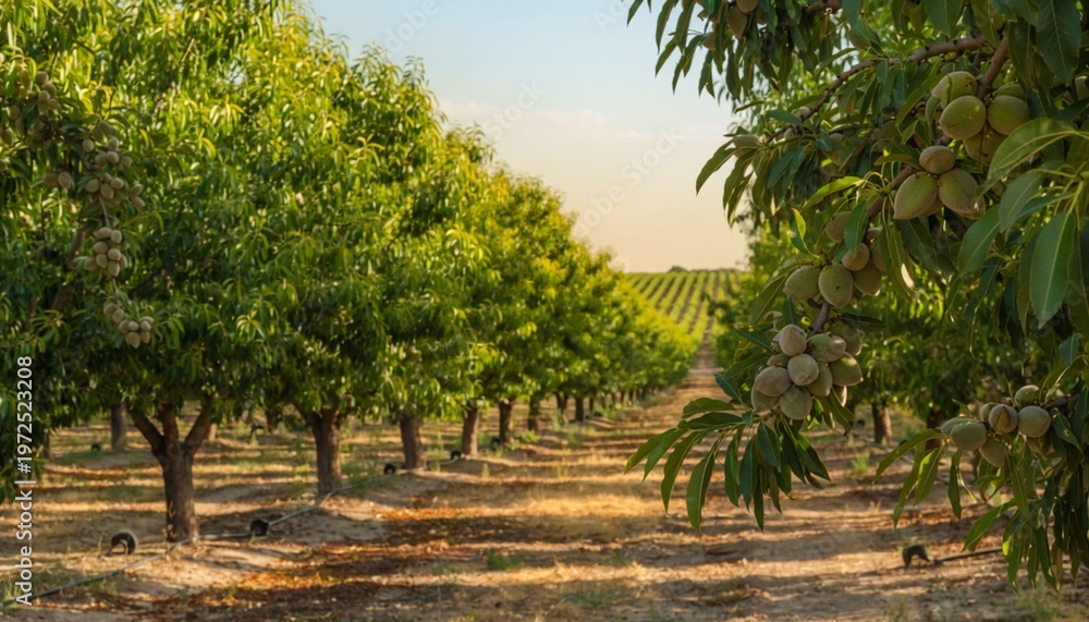 Fototapeta premium Almond Orchard Rows Summer Sunlight Ripe Almonds Growing Tree Branches