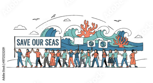 People protesting to save ocean with colorful illustration