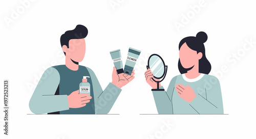 Man and Woman Discussing Skincare Products and Beauty Routines.