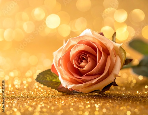 Peach rose on shimmering gold surface. Bokeh background creates a festive, warm feeling