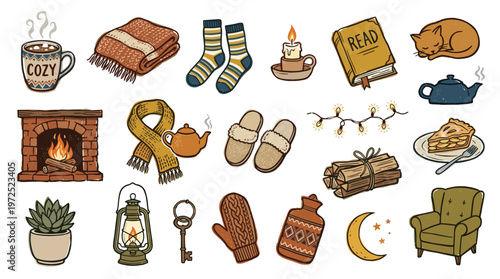 Cozy hygge lifestyle elements for winter relaxation and comfort, including fireplace, warm blanket, hot drink, book, and sleeping cat, evoking a sense of peace and tranquility.