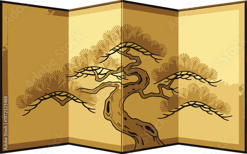 Traditional golden japanese folding screen painted with ancient pine tree artwork