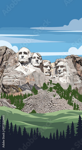 Majestic Mount Rushmore National Memorial, a colossal sculpture carved into the granite face of Mount Rushmore in the Black Hills of South Dakota, USA.