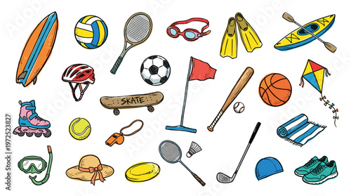 Collection of diverse sports equipment and outdoor activity gear arranged in a vibrant and colorful illustration for active lifestyle and recreation themes