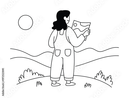A person in overalls looking at a map in a stylized landscape with a sun