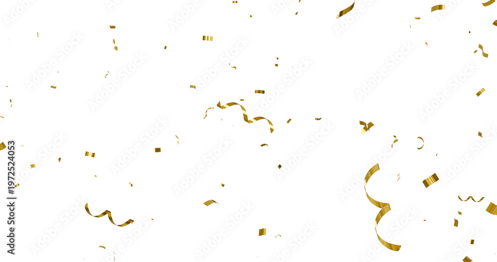 Obraz premium Confetti on a transparent background. Falling shiny golden confetti. Bright golden festive tinsel. Holiday design elements for web banner, poster, flyer, invitation. Vector