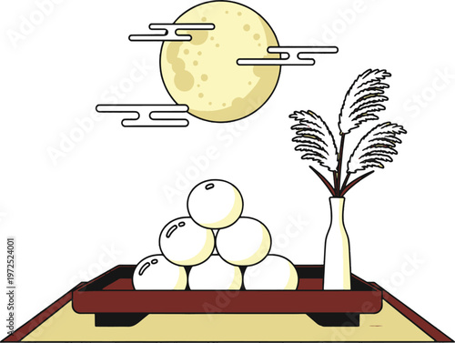 Tsukimi moon viewing festival celebration with dango rice dumplings and pampas grass