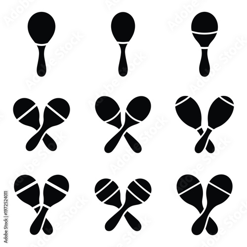 Collection of nine maraca rattle icons in silhouette