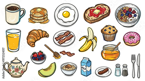 Delicious breakfast spread with coffee, pancakes, eggs, toast, cereal, juice, croissant, muffin, donut, banana, honey, tea, fruit, oatmeal, milk, sausage, and cutlery