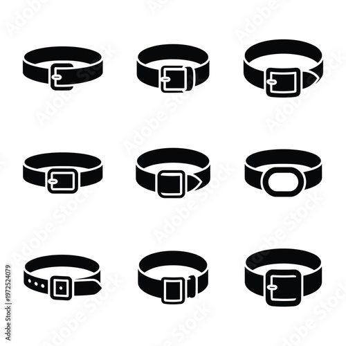 Set of nine belt buckle icons in silhouette