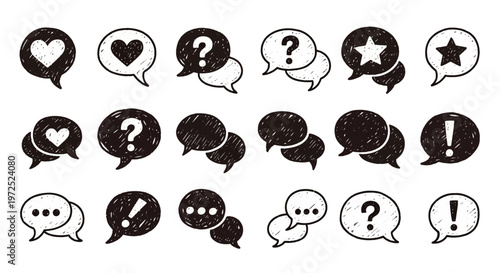 Black and white chat bubble icons set.
