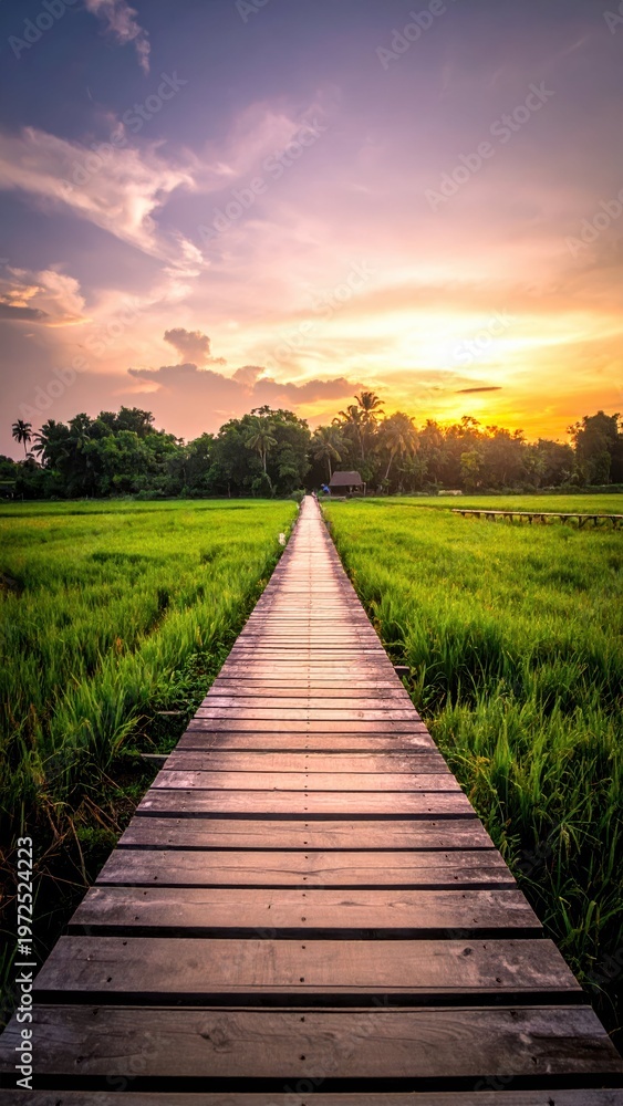 Fototapeta premium Serene Pathway Through Lush Rice Field at Sunset in Tropical Landscape