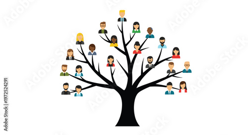 A solid black tree trunk supports a diverse collection of colorful human avatars as leaves creating a vibrant representation of a global community network.