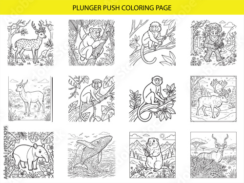 Plunger push coloring page with diverse forest animals and sea creatures for artistic expression and creative entertainment for all ages