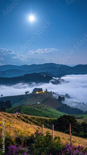 Serene Night Landscape with Moonlight over Misty Valley and Hills