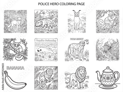 Police hero coloring page featuring various animals and objects for kids to color and enjoy while learning about different creatures