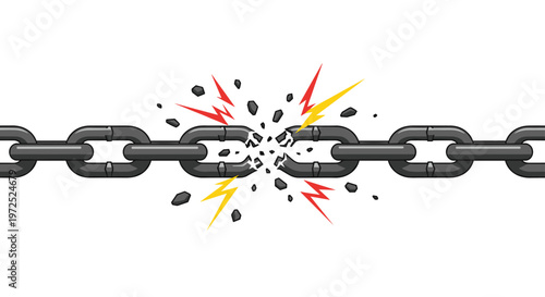 A heavy gray metal chain snaps violently in the center releasing bright red and yellow lightning sparks and jagged dark stone fragments in a dynamic scene.