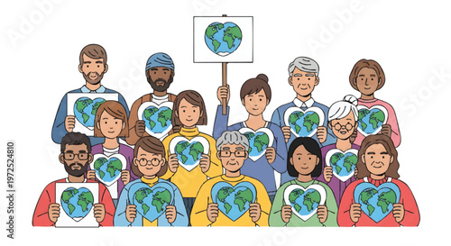 Diverse group of people holding Earth globe hearts, unity and love for the planet