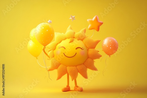 Cheerful cartoon sun with balloons and stars on yellow background