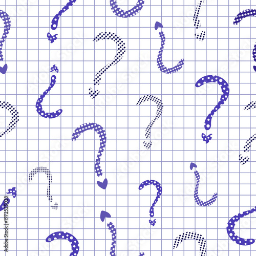 Blue monochrome question mark seamless pattern on checkered background. Decorative punctuation mark and FAQ vector backdrop