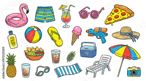 Summer vacation essentials collection with beach items, food, drinks, and accessories for a fun holiday getaway