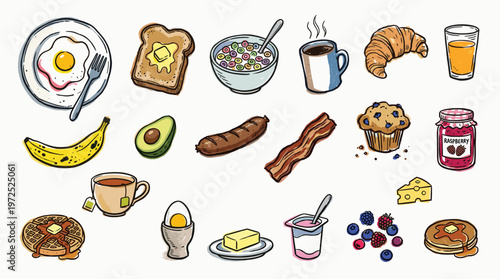 Delicious Breakfast Food Assortment Overhead View Flat Lay Collection of Morning Meal Items and Drinks