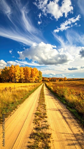 Scenic Autumn Road with Vibrant Trees and Dramatic Sky