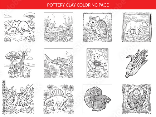 Pottery clay coloring page featuring wild animals and nature elements for children and adults to enjoy coloring and artistic expression